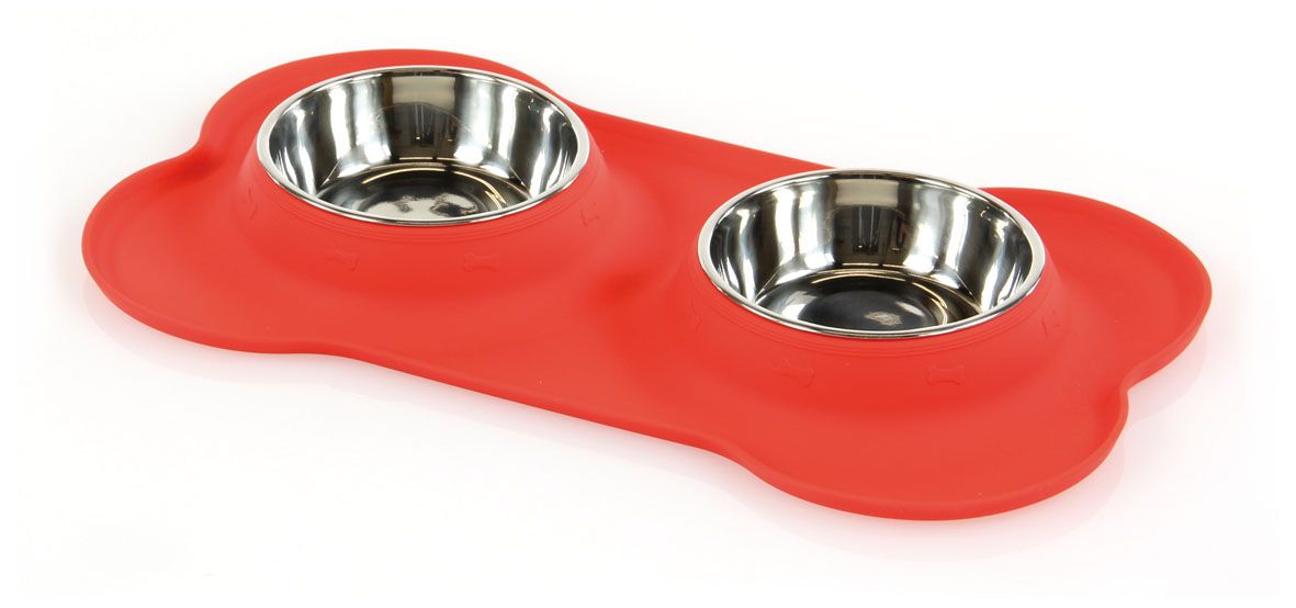 Hunde- & Katzennapf, Knochen mit M Silikonbecken,rot,350+350ml, 46x27x4.2cm